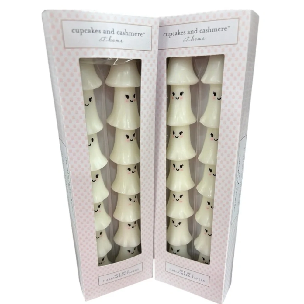 Cupcakes & Cashmere Ghost with Pink Bow Taper Candles (set of 2) 10” each